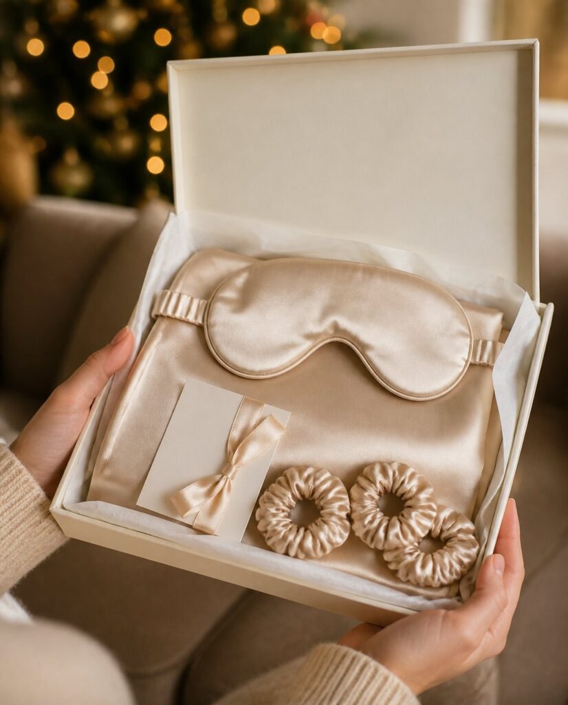 A VELOURA csomag nyitott díszdobozban, karácsonyi fényekkel